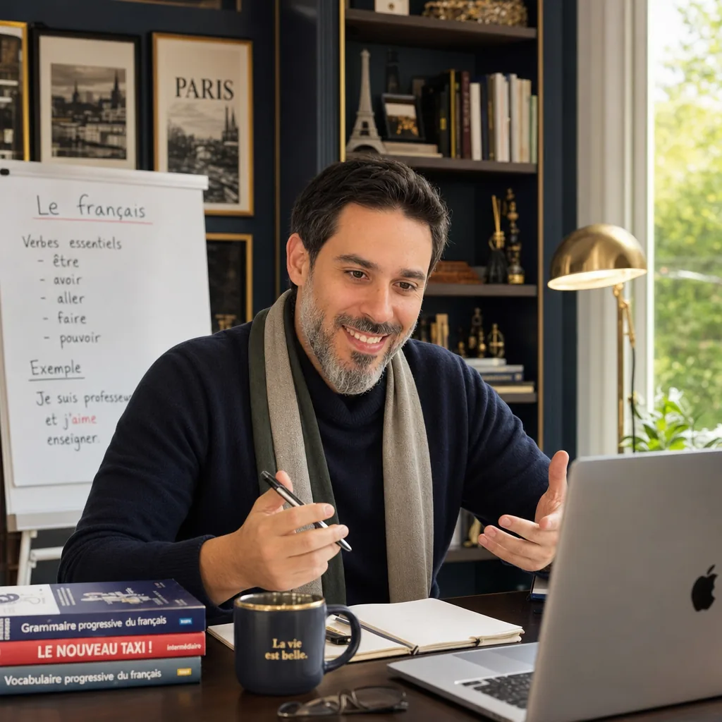 Diego dando aula com livros e lousa