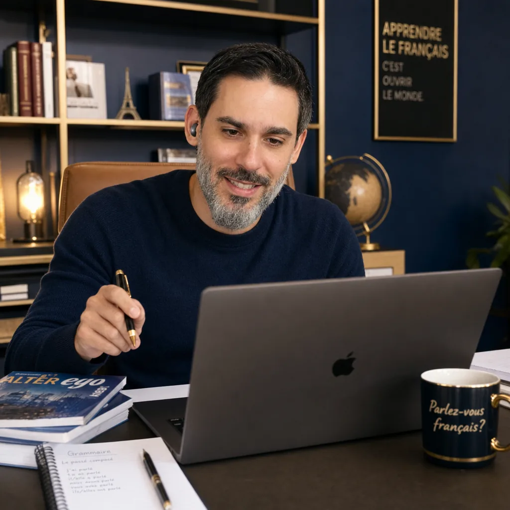 Diego ensinando online no escritório com livros e café
