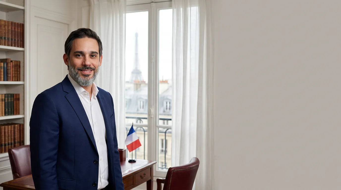 Diego Antunes em escritório em Paris com Torre Eiffel ao fundo