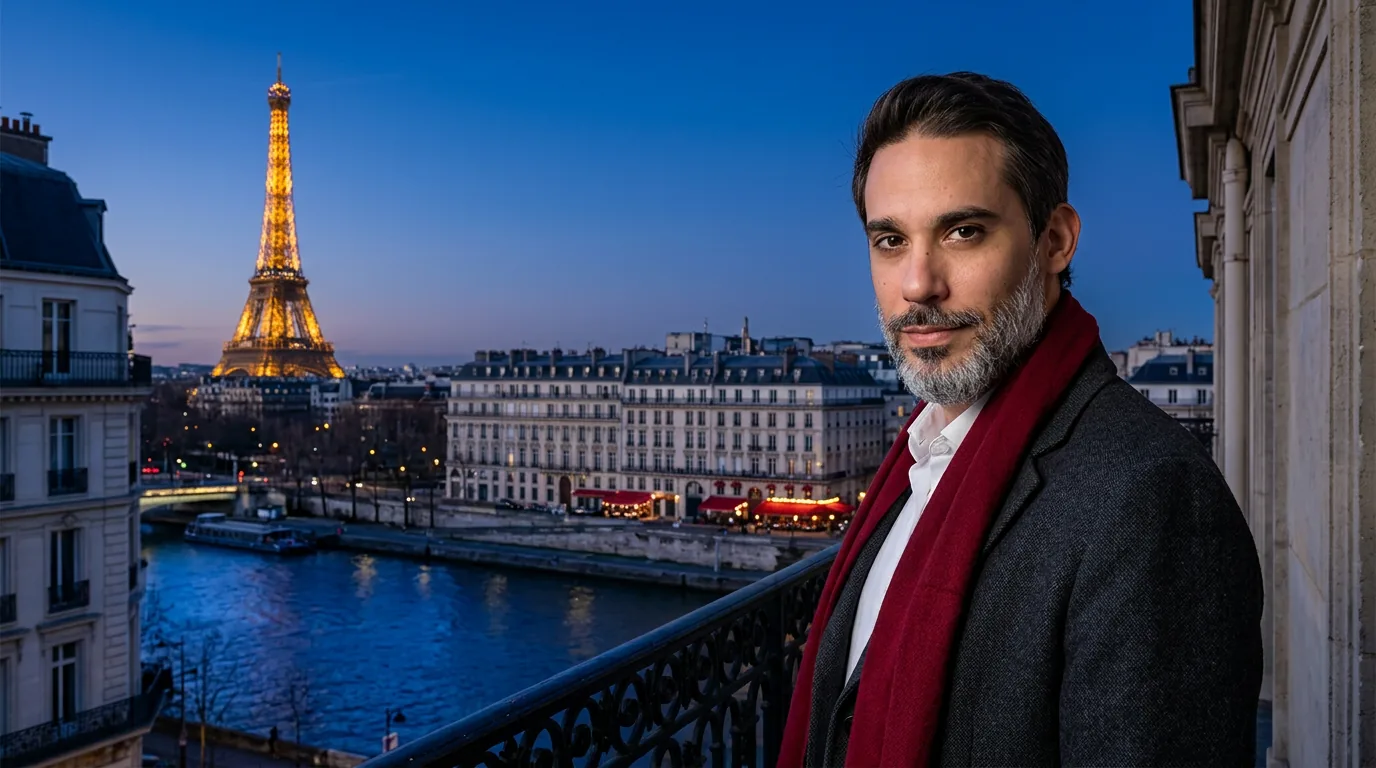 Diego Antunes no balcão à noite com Sena e Torre Eiffel iluminada