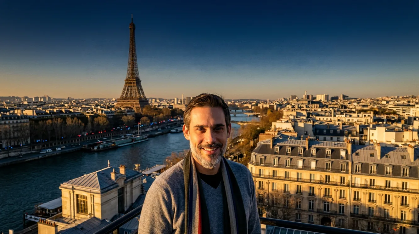 Diego em rooftop em Paris ao pôr do sol